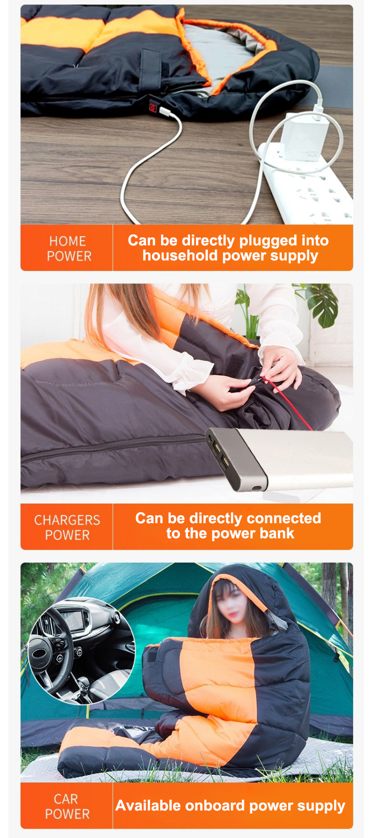 ODM USB Power Support Waterproof Heating Sleeping Bag MTECS003